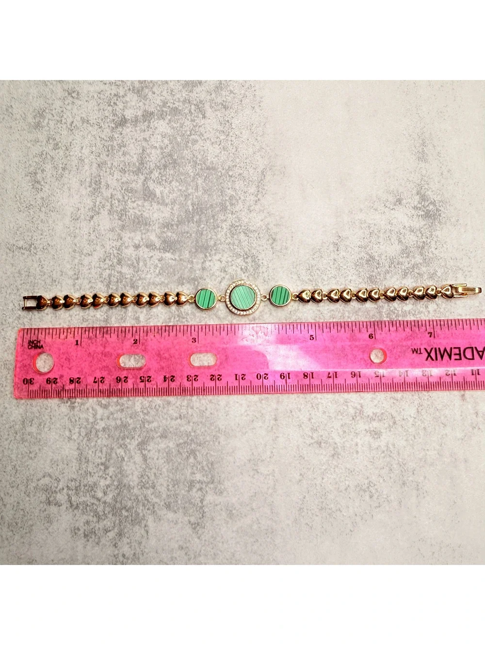 candy+clover Green Striped Enamel Cabochon Gold Heart Link Bracelet